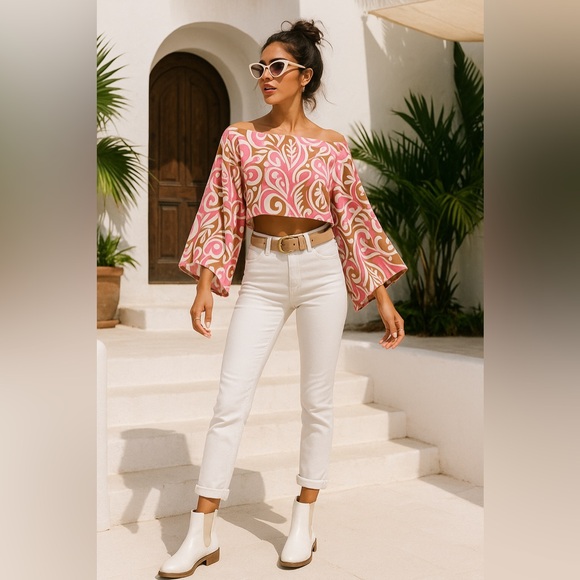 Linen Boho Retro Print Crop Top | Pink & Tan Off-Shoulder Wide Sleeve Blouse - Picture 4 of 9